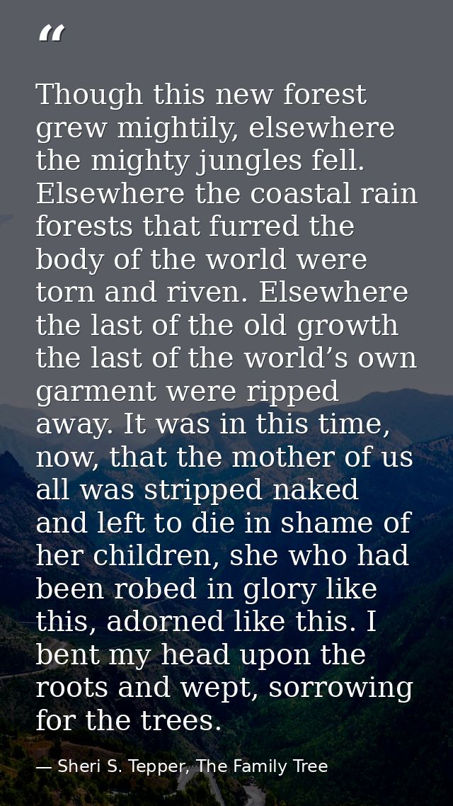 Though this new forest grew mightily, elsewhere the mighty jungles fell. Elsewhere the coastal rain forests that furred  — Sheri S. Tepper, The Family Tree