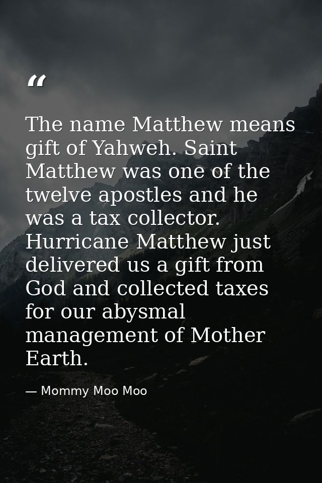 The name Matthew means gift of Yahweh. Saint Matthew was one of the twelve apostles and he was a tax collector. Hurrican — Mommy Moo Moo