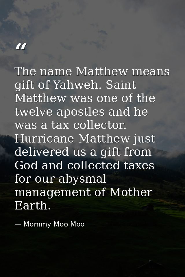 The name Matthew means gift of Yahweh. Saint Matthew was one of the twelve apostles and he was a tax collector. Hurrican — Mommy Moo Moo