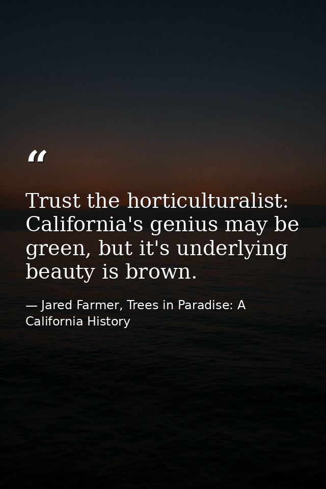 Trust the horticulturalist: California's genius may be green, but it's underlying beauty is brown. — Jared Farmer, Trees in Paradise: A California History