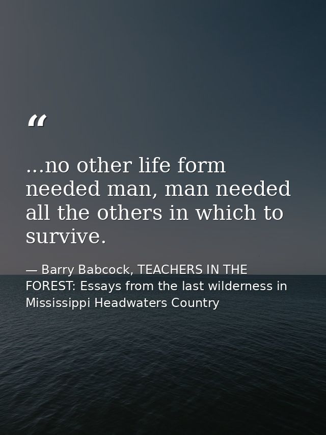 ...no other life form needed man, man needed all the others in which to survive. — Barry Babcock, TEACHERS IN THE FOREST: Essays from the last wilderness in Mississippi Headwaters Country