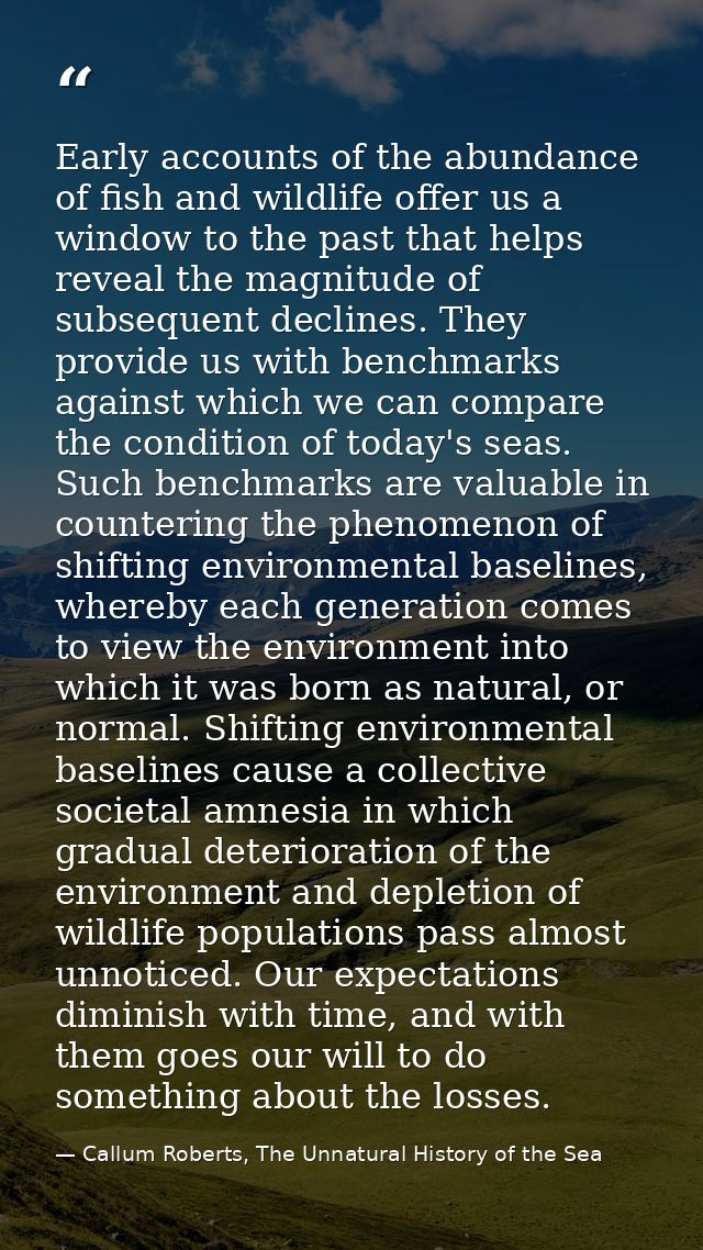 Early accounts of the abundance of fish and wildlife offer us a window to the past that helps reveal the magnitude of su — Callum Roberts, The Unnatural History of the Sea