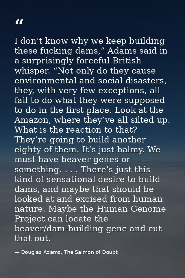 I don’t know why we keep building these fucking dams,” Adams said in a surprisingly forceful British whisper. “Not only  — Douglas Adams, The Salmon of Doubt