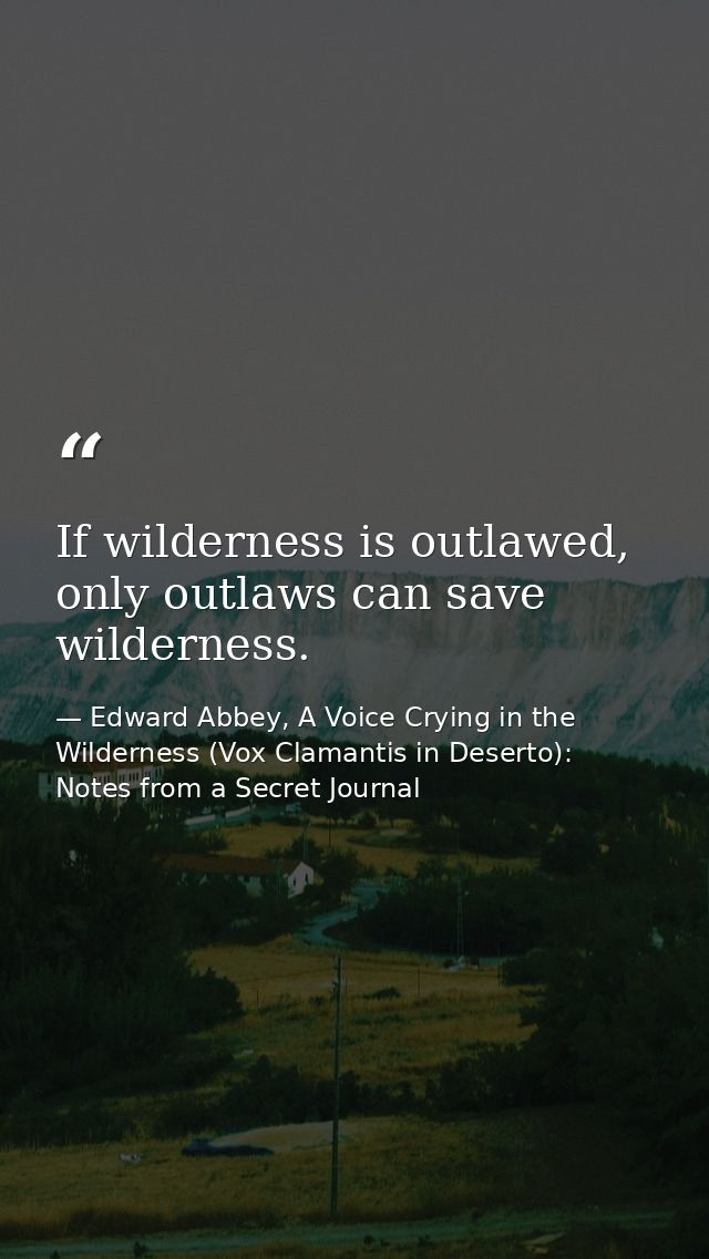 If wilderness is outlawed, only outlaws can save wilderness. — Edward Abbey, A Voice Crying in the Wilderness (Vox Clamantis in Deserto): Notes from a Secret Journal
