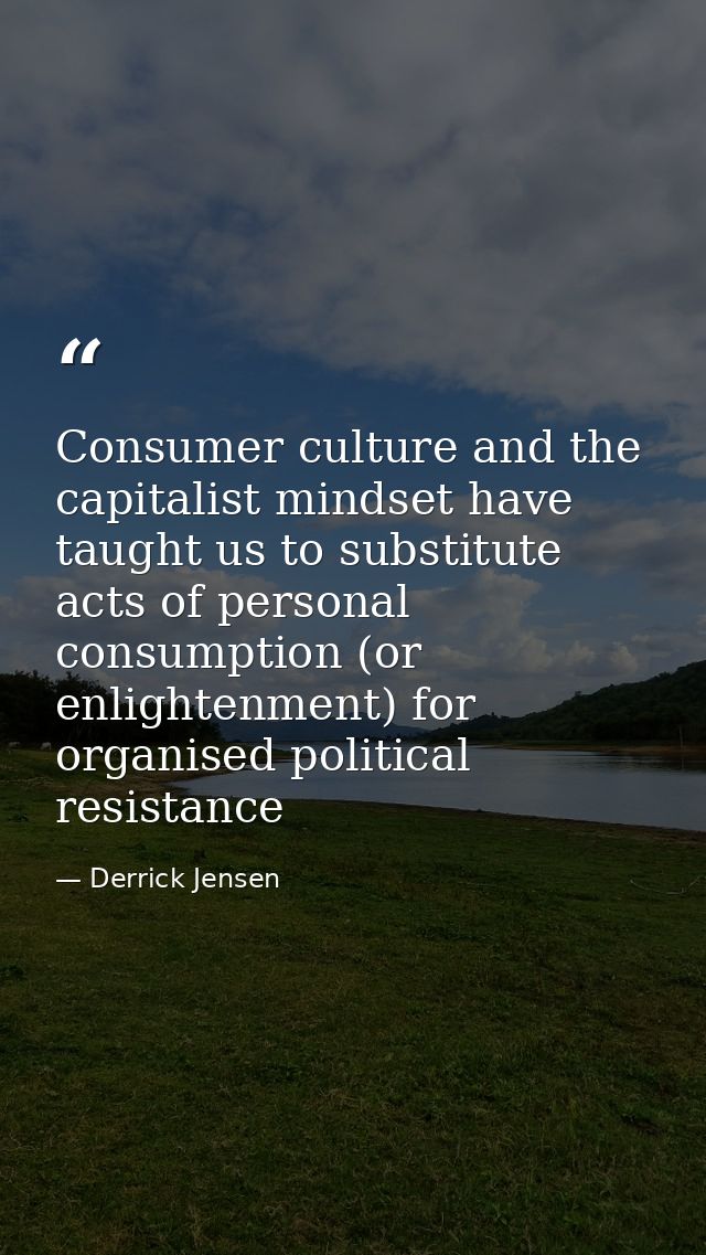 Consumer culture and the capitalist mindset have taught us to substitute acts of personal consumption (or enlightenment) — Derrick Jensen