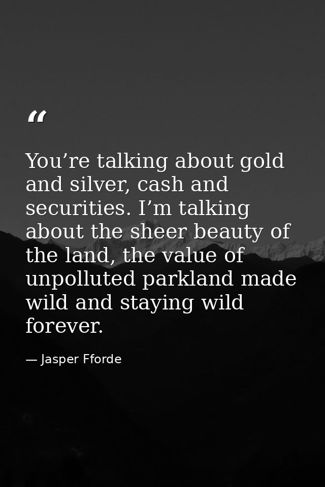 You’re talking about gold and silver, cash and securities. I’m talking about the sheer beauty of the land, the value of  — Jasper Fforde
