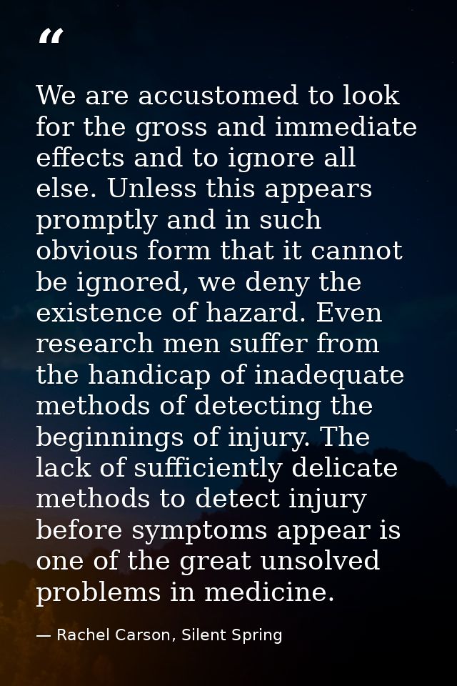 We are accustomed to look for the gross and immediate effects and to ignore all else. Unless this appears promptly and i — Rachel Carson, Silent Spring