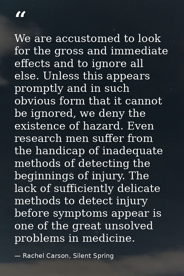 We are accustomed to look for the gross and immediate effects and to ignore all else. Unless this appears promptly and i — Rachel Carson, Silent Spring
