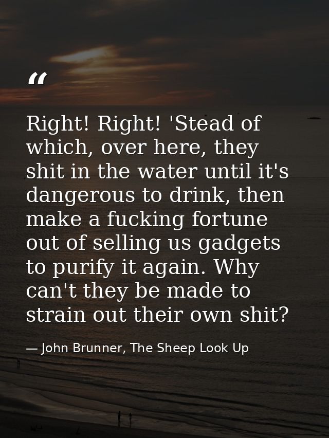 Right! Right! 'Stead of which, over here, they shit in the water until it's dangerous to drink, then make a fucking fort — John Brunner, The Sheep Look Up