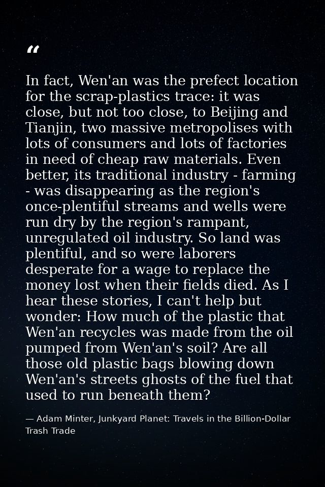 In fact, Wen'an was the prefect location for the scrap-plastics trace: it was close, but not too close, to Beijing and T — Adam Minter, Junkyard Planet: Travels in the Billion-Dollar Trash Trade