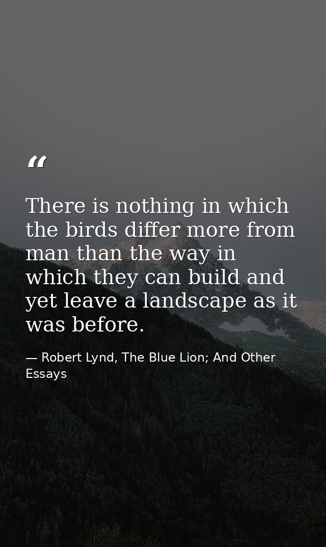 There is nothing in which the birds differ more from man than the way in which they can build and yet leave a landscape  — Robert Lynd, The Blue Lion; And Other Essays