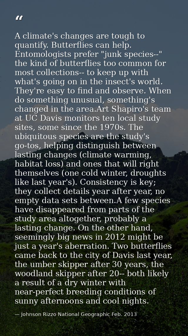 A climate's changes are tough to quantify. Butterflies can help. Entomologists prefer "junk species--" the kind of butte — Johnson Rizzo National Geographic Feb. 2013