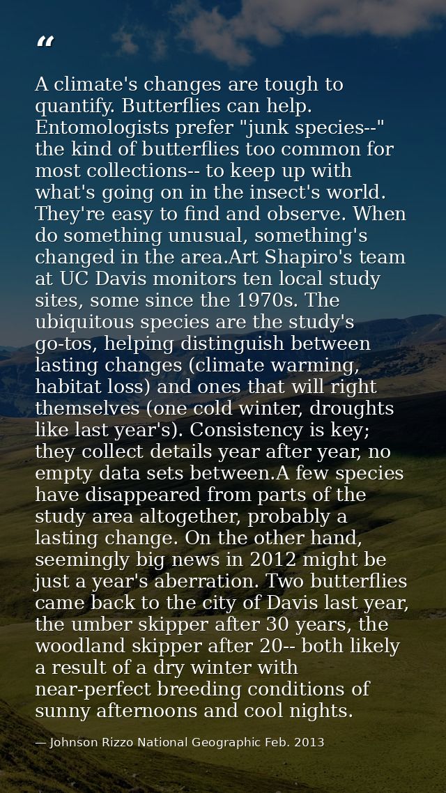 A climate's changes are tough to quantify. Butterflies can help. Entomologists prefer "junk species--" the kind of butte — Johnson Rizzo National Geographic Feb. 2013