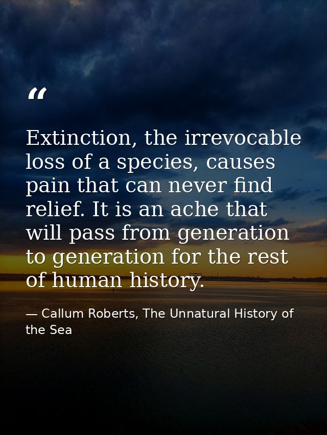 Extinction, the irrevocable loss of a species, causes pain that can never find relief. It is an ache that will pass from — Callum Roberts, The Unnatural History of the Sea
