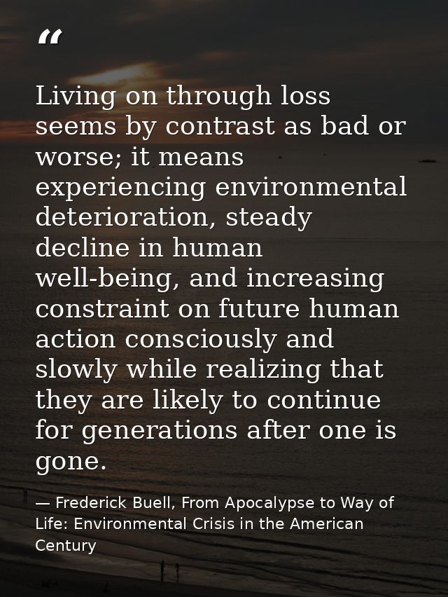 Living on through loss seems by contrast as bad or worse; it means experiencing environmental deterioration, steady decl — Frederick Buell, From Apocalypse to Way of Life: Environmental Crisis in the American Century