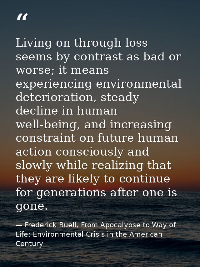 Living on through loss seems by contrast as bad or worse; it means experiencing environmental deterioration, steady decl — Frederick Buell, From Apocalypse to Way of Life: Environmental Crisis in the American Century
