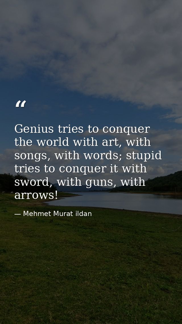 Genius tries to conquer the world with art, with songs, with words; stupid tries to conquer it with sword, with guns, wi — Mehmet Murat ildan