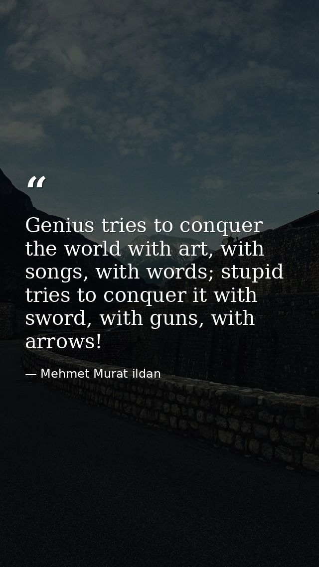 Genius tries to conquer the world with art, with songs, with words; stupid tries to conquer it with sword, with guns, wi — Mehmet Murat ildan