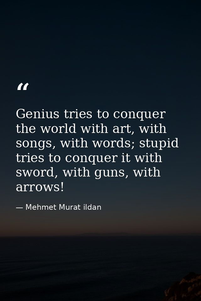 Genius tries to conquer the world with art, with songs, with words; stupid tries to conquer it with sword, with guns, wi — Mehmet Murat ildan