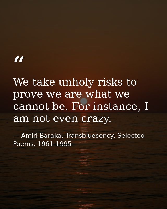 We take unholy risks to prove we are what we cannot be. For instance, I am not even crazy. — Amiri Baraka, Transbluesency: Selected Poems, 1961-1995