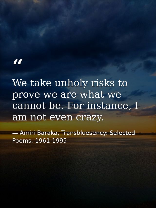 We take unholy risks to prove we are what we cannot be. For instance, I am not even crazy. — Amiri Baraka, Transbluesency: Selected Poems, 1961-1995