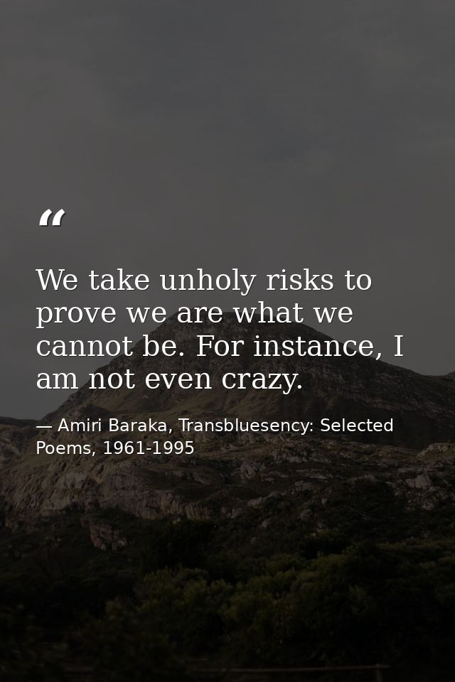 We take unholy risks to prove we are what we cannot be. For instance, I am not even crazy. — Amiri Baraka, Transbluesency: Selected Poems, 1961-1995