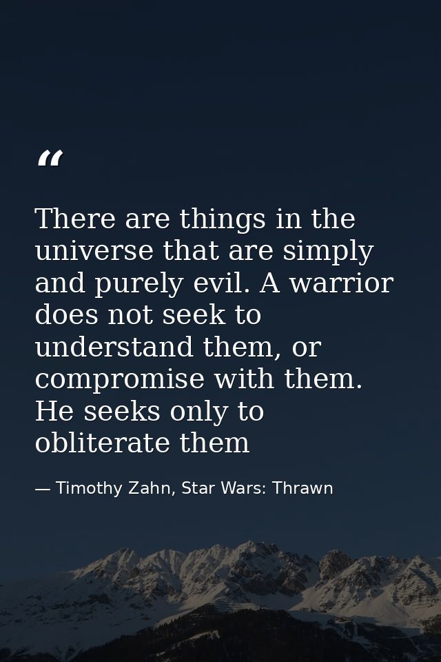 There are things in the universe that are simply and purely evil. A warrior does not seek to understand them, or comprom — Timothy Zahn, Star Wars: Thrawn