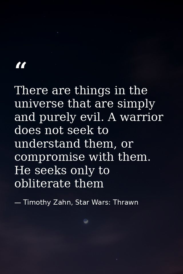 There are things in the universe that are simply and purely evil. A warrior does not seek to understand them, or comprom — Timothy Zahn, Star Wars: Thrawn