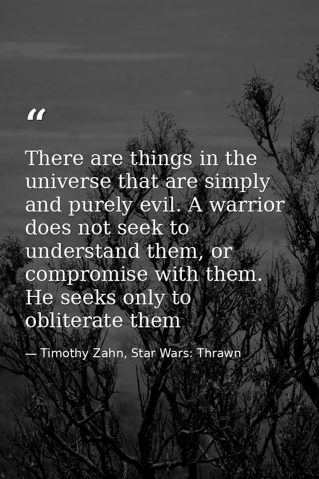 There are things in the universe that are simply and purely evil. A warrior does not seek to understand them, or comprom — Timothy Zahn, Star Wars: Thrawn