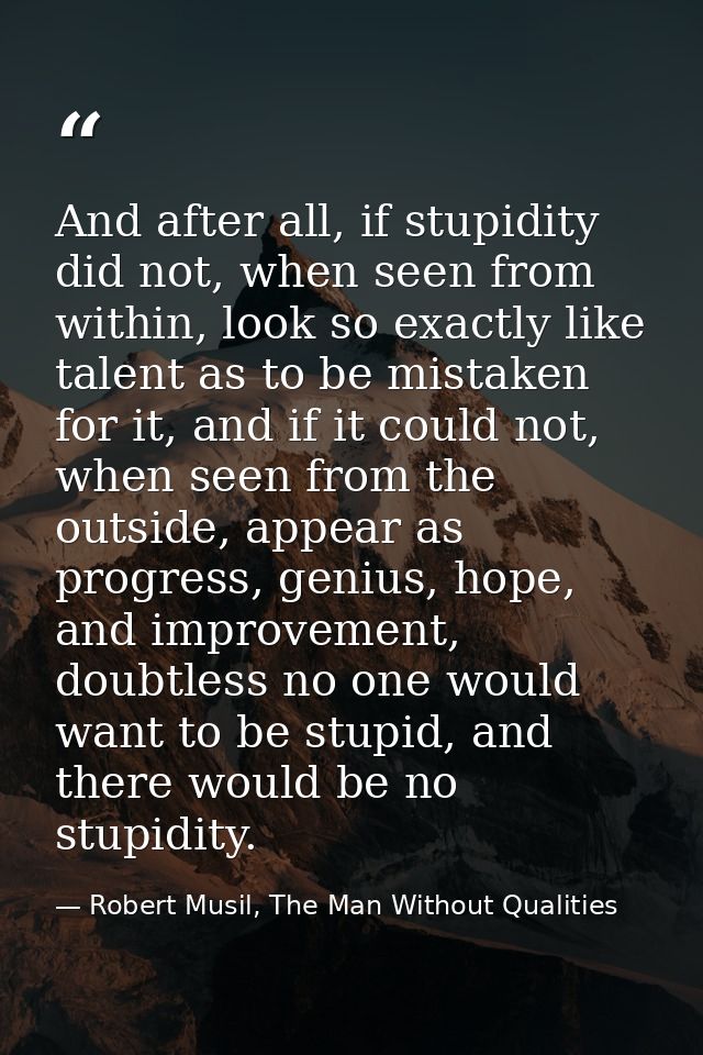 And after all, if stupidity did not, when seen from within, look so exactly like talent as to be mistaken for it, and if — Robert Musil, The Man Without Qualities