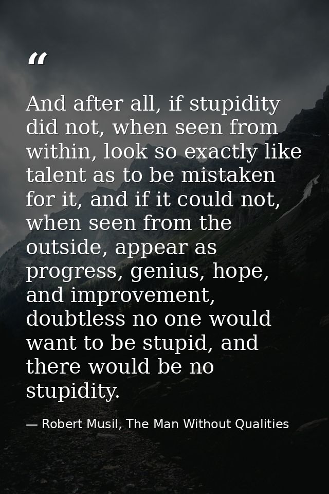 And after all, if stupidity did not, when seen from within, look so exactly like talent as to be mistaken for it, and if — Robert Musil, The Man Without Qualities