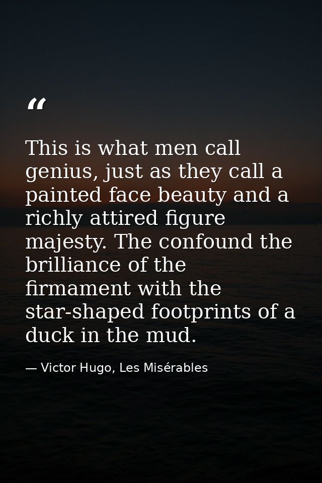 This is what men call genius, just as they call a painted face beauty and a richly attired figure majesty. The confound  — Victor Hugo, Les Misérables