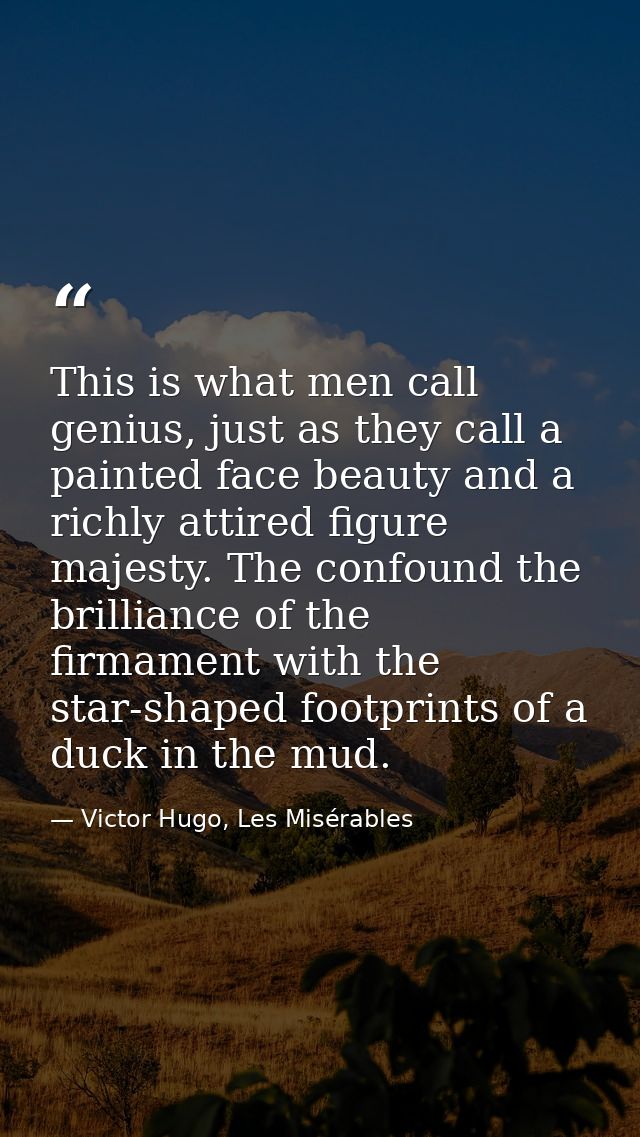 This is what men call genius, just as they call a painted face beauty and a richly attired figure majesty. The confound  — Victor Hugo, Les Misérables