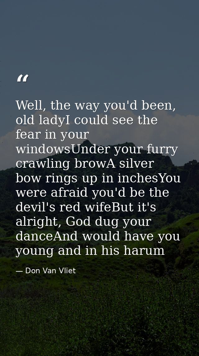 Well, the way you'd been, old ladyI could see the fear in your windowsUnder your furry crawling browA silver bow rings u — Don Van Vliet