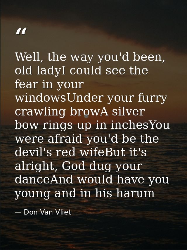 Well, the way you'd been, old ladyI could see the fear in your windowsUnder your furry crawling browA silver bow rings u — Don Van Vliet