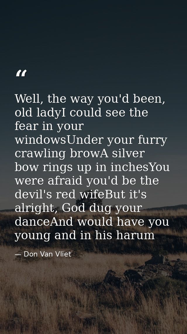Well, the way you'd been, old ladyI could see the fear in your windowsUnder your furry crawling browA silver bow rings u — Don Van Vliet