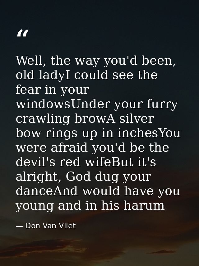 Well, the way you'd been, old ladyI could see the fear in your windowsUnder your furry crawling browA silver bow rings u — Don Van Vliet