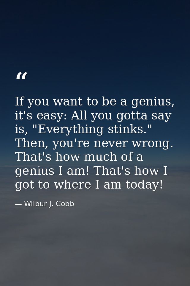 If you want to be a genius, it's easy: All you gotta say is, "Everything stinks." Then, you're never wrong. That's how m — Wilbur J. Cobb