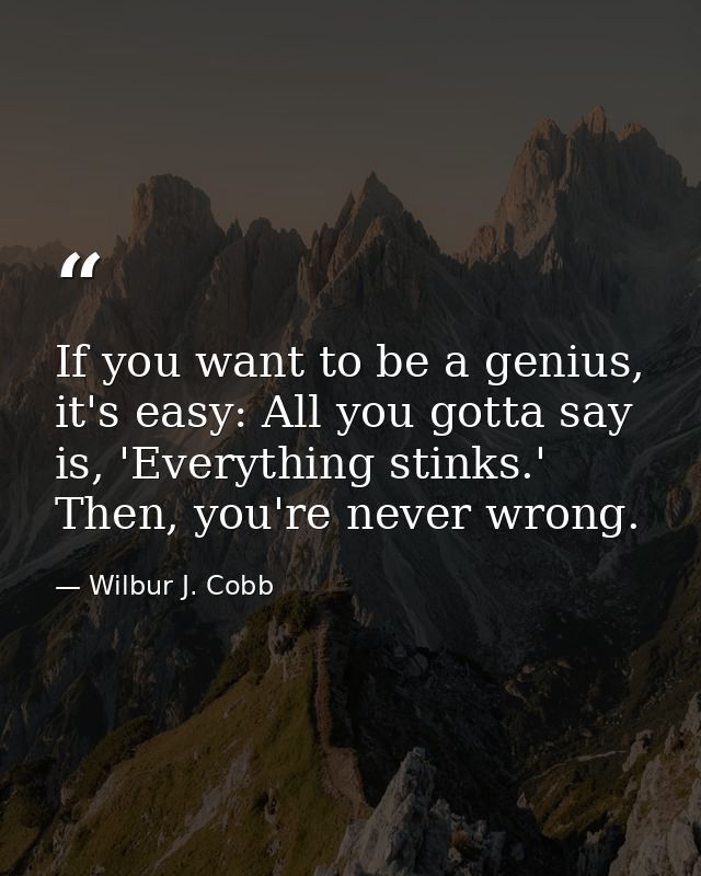 If you want to be a genius, it's easy: All you gotta say is, 'Everything stinks.' Then, you're never wrong. — Wilbur J. Cobb