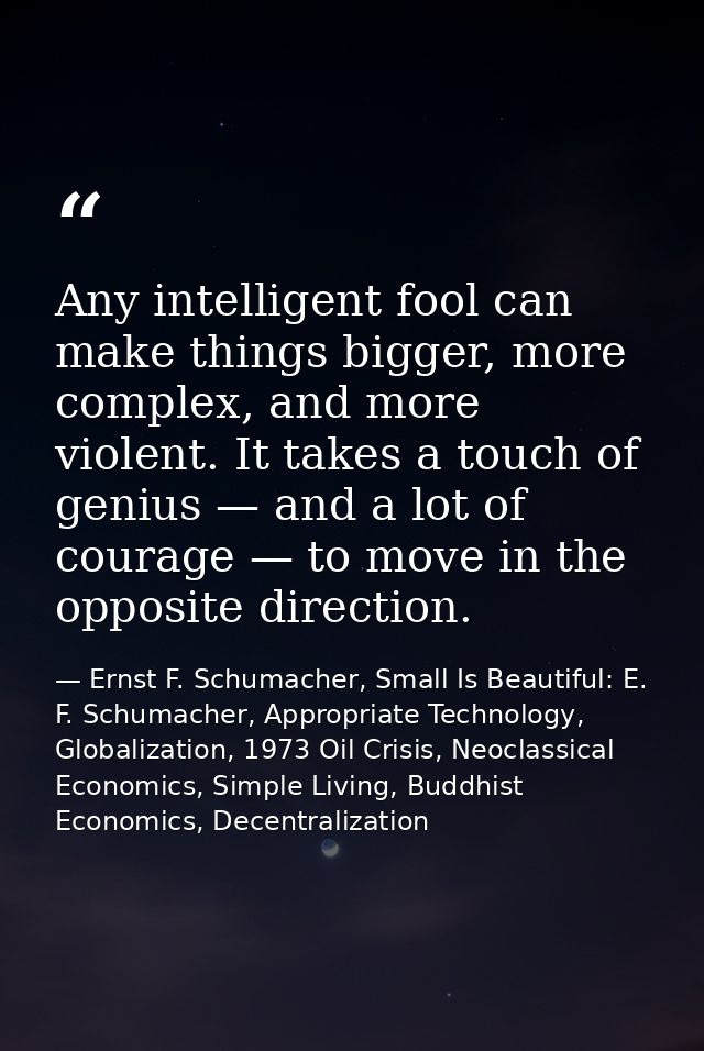 Any intelligent fool can make things bigger, more complex, and more violent. It takes a touch of genius — and a lot of c — Ernst F. Schumacher, Small Is Beautiful: E. F. Schumacher, Appropriate Technology, Globalization, 1973 Oil Crisis, Neoclassical Economics, Simple Living, Buddhist Economics, Decentralization