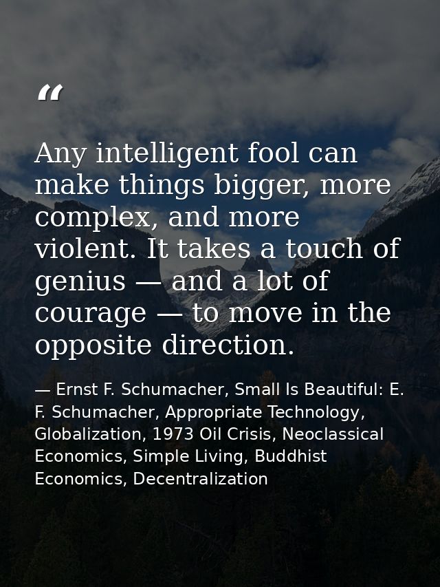 Any intelligent fool can make things bigger, more complex, and more violent. It takes a touch of genius — and a lot of c — Ernst F. Schumacher, Small Is Beautiful: E. F. Schumacher, Appropriate Technology, Globalization, 1973 Oil Crisis, Neoclassical Economics, Simple Living, Buddhist Economics, Decentralization