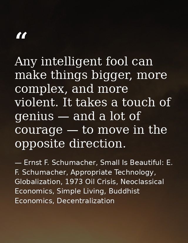 Any intelligent fool can make things bigger, more complex, and more violent. It takes a touch of genius — and a lot of c — Ernst F. Schumacher, Small Is Beautiful: E. F. Schumacher, Appropriate Technology, Globalization, 1973 Oil Crisis, Neoclassical Economics, Simple Living, Buddhist Economics, Decentralization