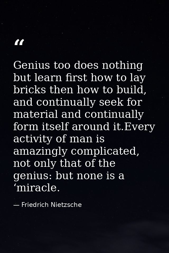 Genius too does nothing but learn first how to lay bricks then how to build, and continually seek for material and conti — Friedrich Nietzsche