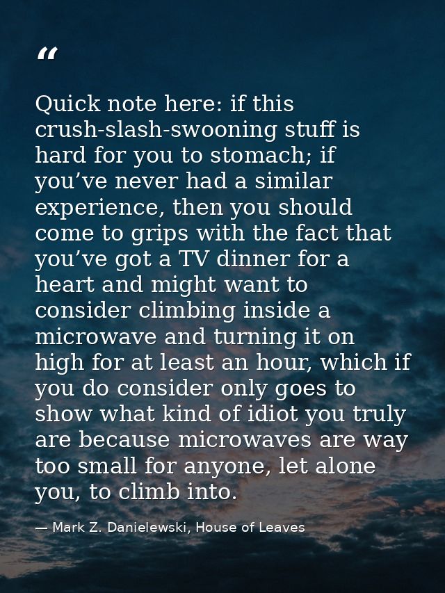 Quick note here: if this crush-slash-swooning stuff is hard for you to stomach; if you’ve never had a similar experience — Mark Z. Danielewski, House of Leaves