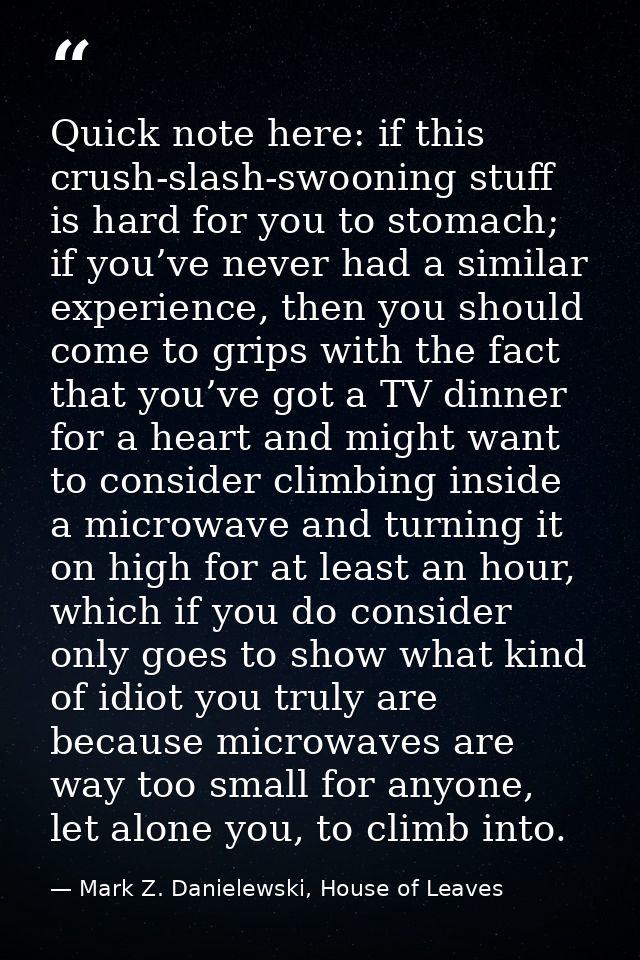 Quick note here: if this crush-slash-swooning stuff is hard for you to stomach; if you’ve never had a similar experience — Mark Z. Danielewski, House of Leaves