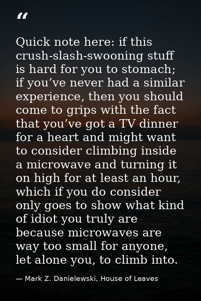 Quick note here: if this crush-slash-swooning stuff is hard for you to stomach; if you’ve never had a similar experience — Mark Z. Danielewski, House of Leaves