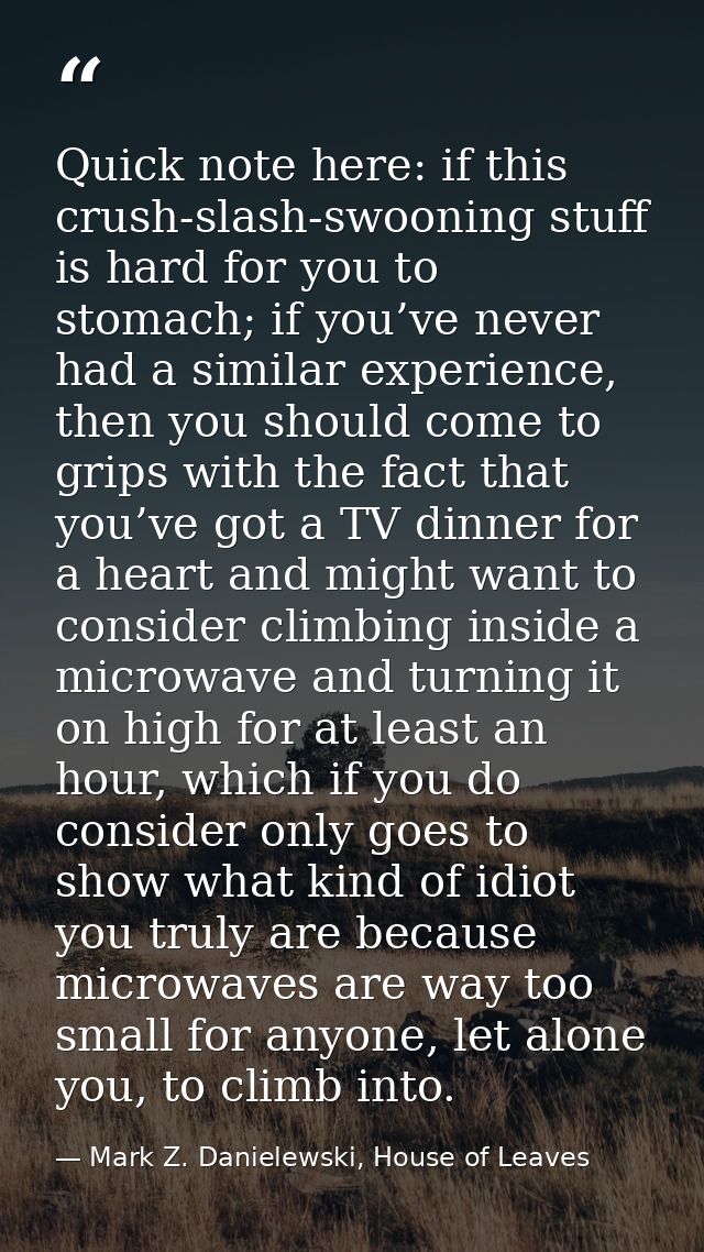 Quick note here: if this crush-slash-swooning stuff is hard for you to stomach; if you’ve never had a similar experience — Mark Z. Danielewski, House of Leaves