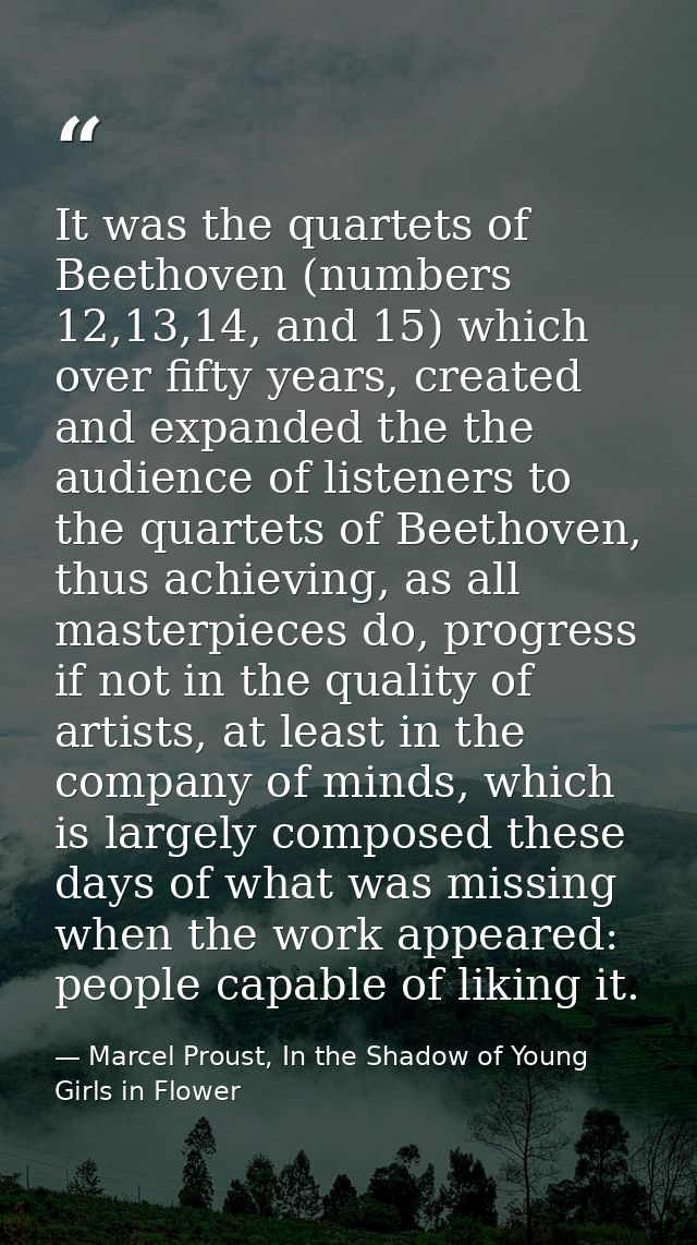 It was the quartets of Beethoven (numbers 12,13,14, and 15) which over fifty years, created and expanded the the audienc — Marcel Proust, In the Shadow of Young Girls in Flower