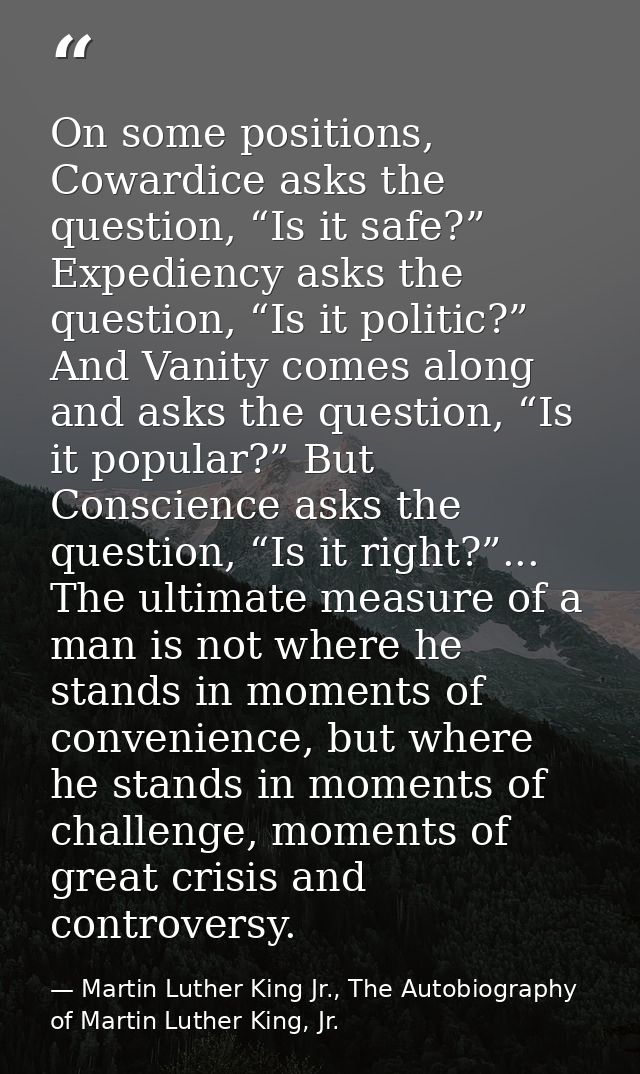 On some positions, Cowardice asks the question, “Is it safe?” Expediency asks the question, “Is it politic?” And Vanity  — Martin Luther King Jr., The Autobiography of Martin Luther King, Jr.
