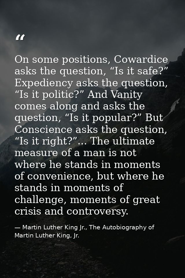 On some positions, Cowardice asks the question, “Is it safe?” Expediency asks the question, “Is it politic?” And Vanity  — Martin Luther King Jr., The Autobiography of Martin Luther King, Jr.